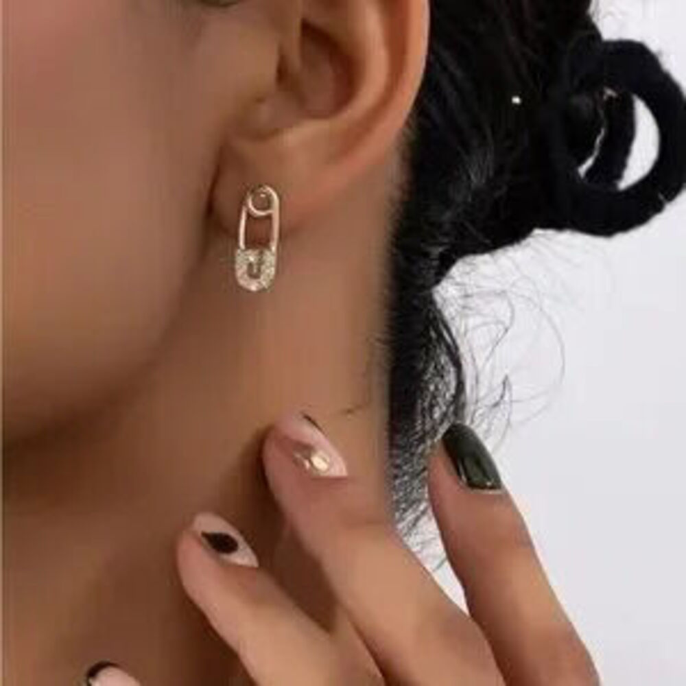 Gold Stainless Steel Crystal Safety Pin Earrings - Picture 1 of 2